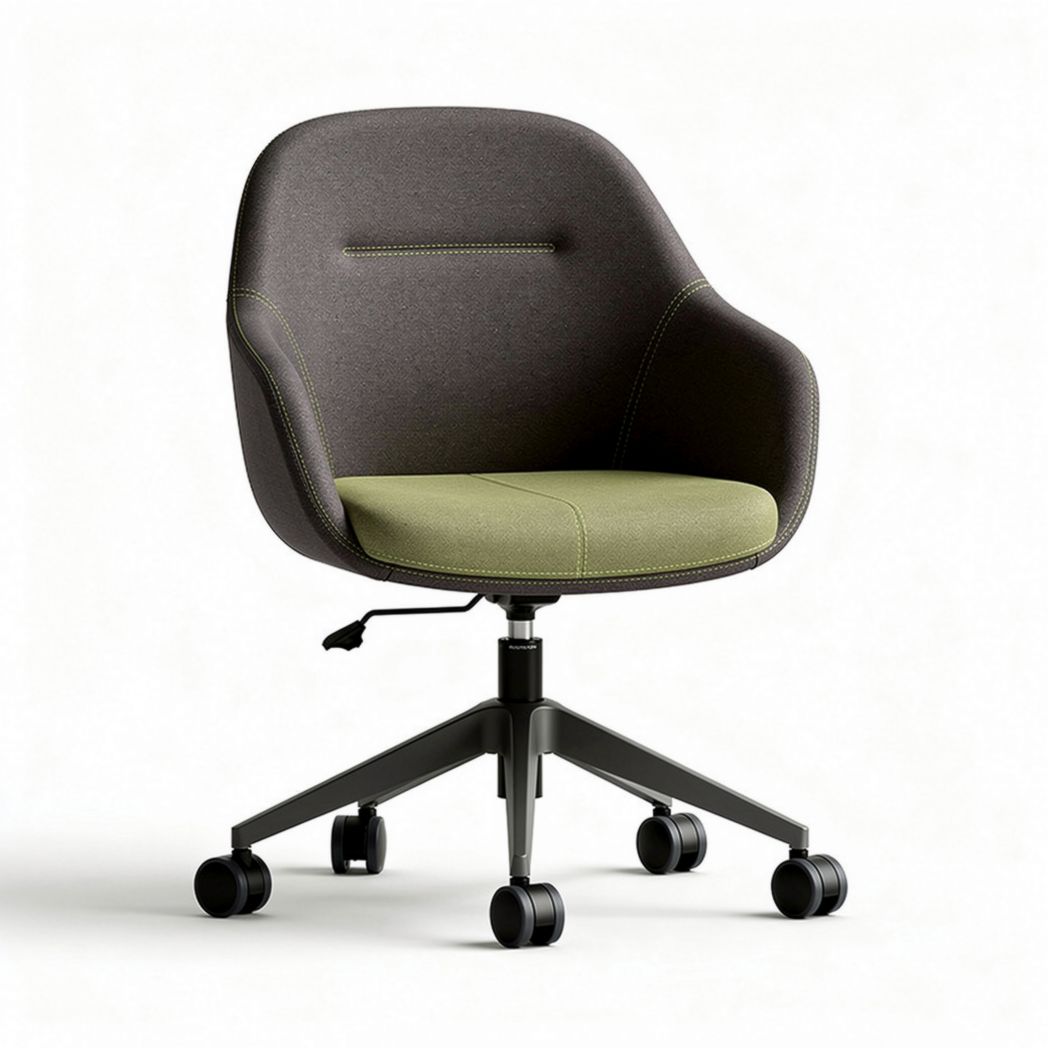 Upholstered office chair with adjustable height and swivel base in gray and green
