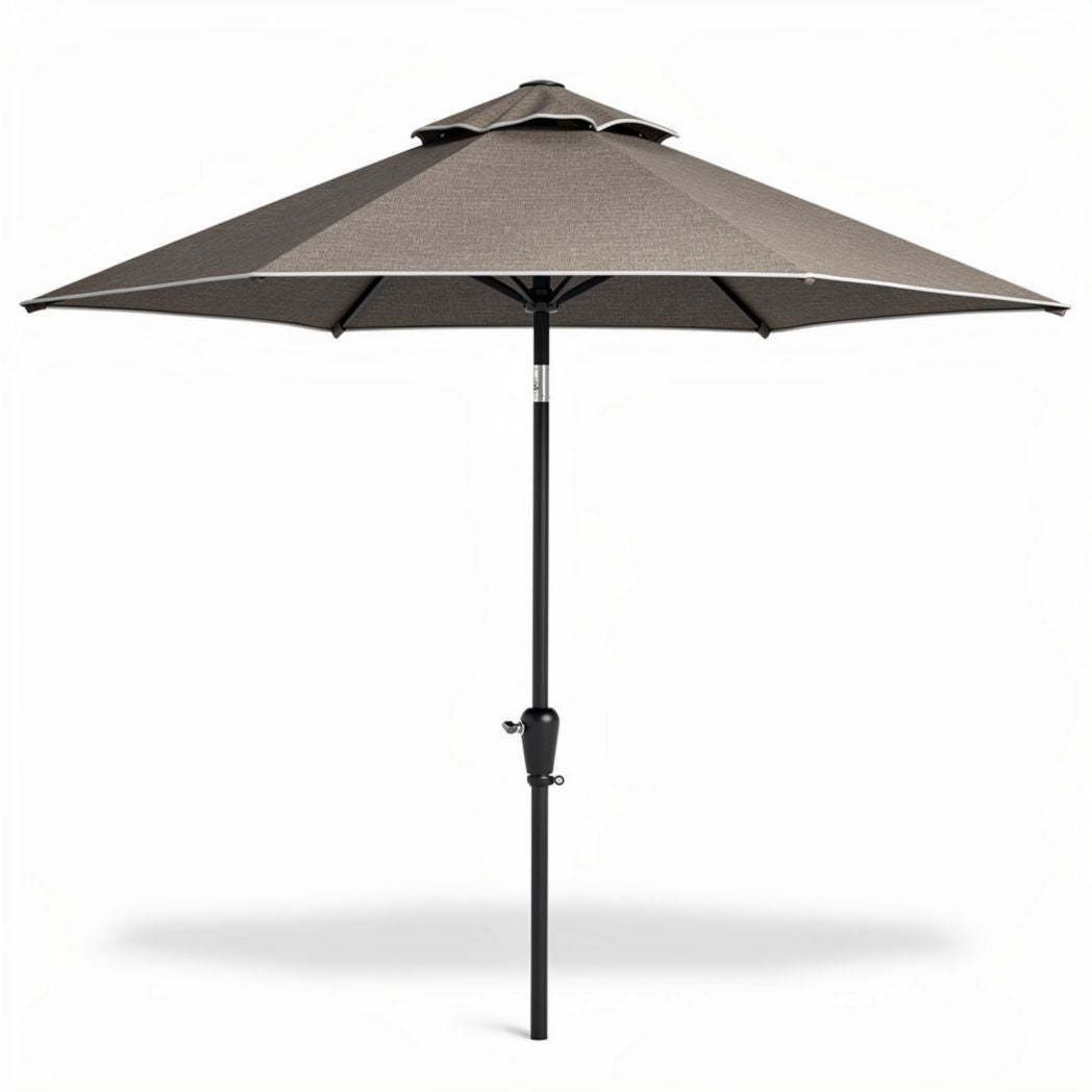 Outdoor patio umbrella in brown fabric with a 250cm diameter and metal pole