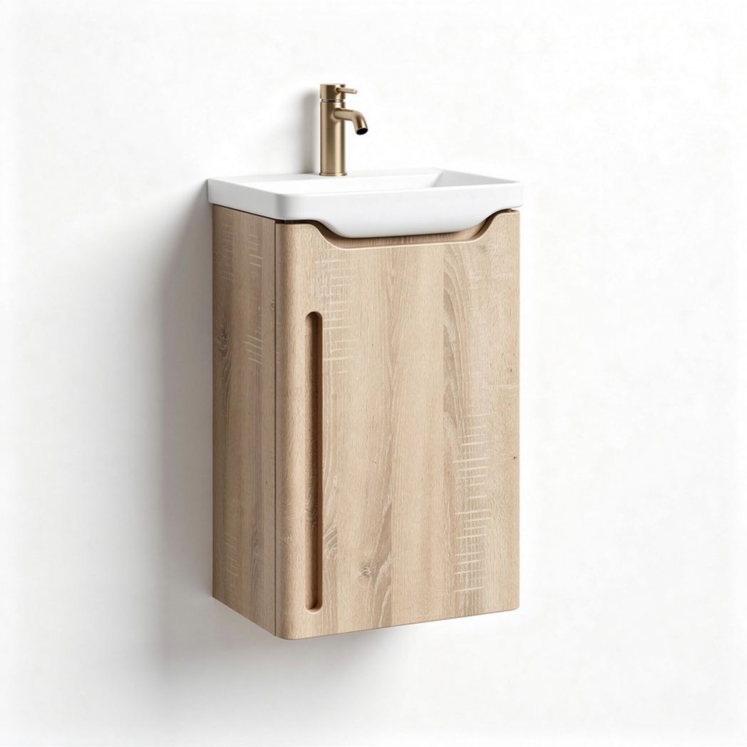 Wall-mounted bathroom vanity with sink in natural wood finish 50 x 30 x 80cm
