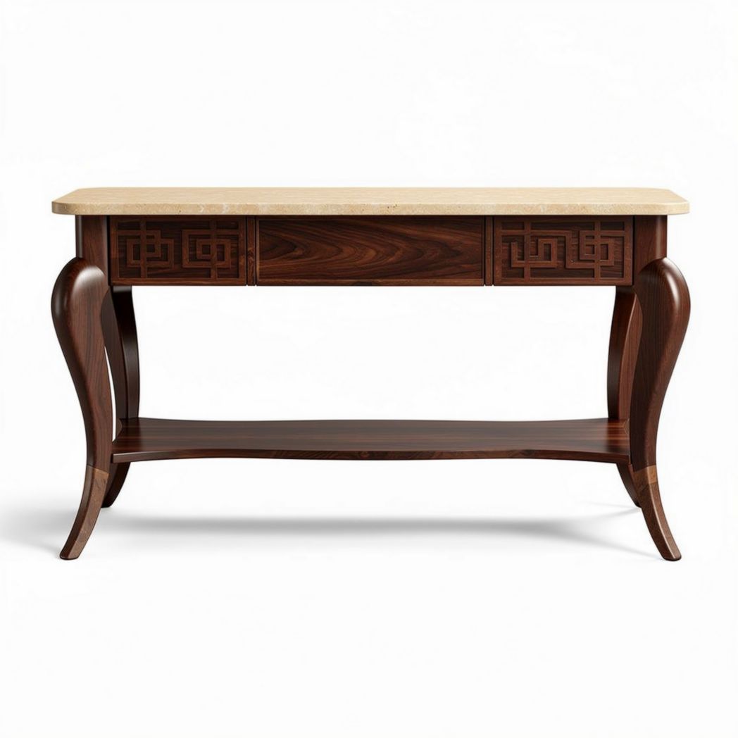 Wooden console table with marble top and intricate drawer design 120 x 60 x 80cm