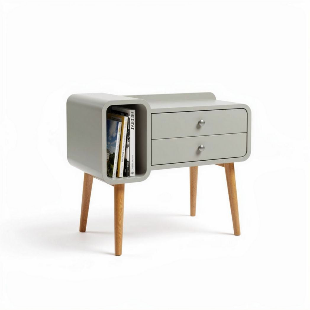 Modern gray nightstand with oak legs and two drawers for storage 50 x 40 x 45cm