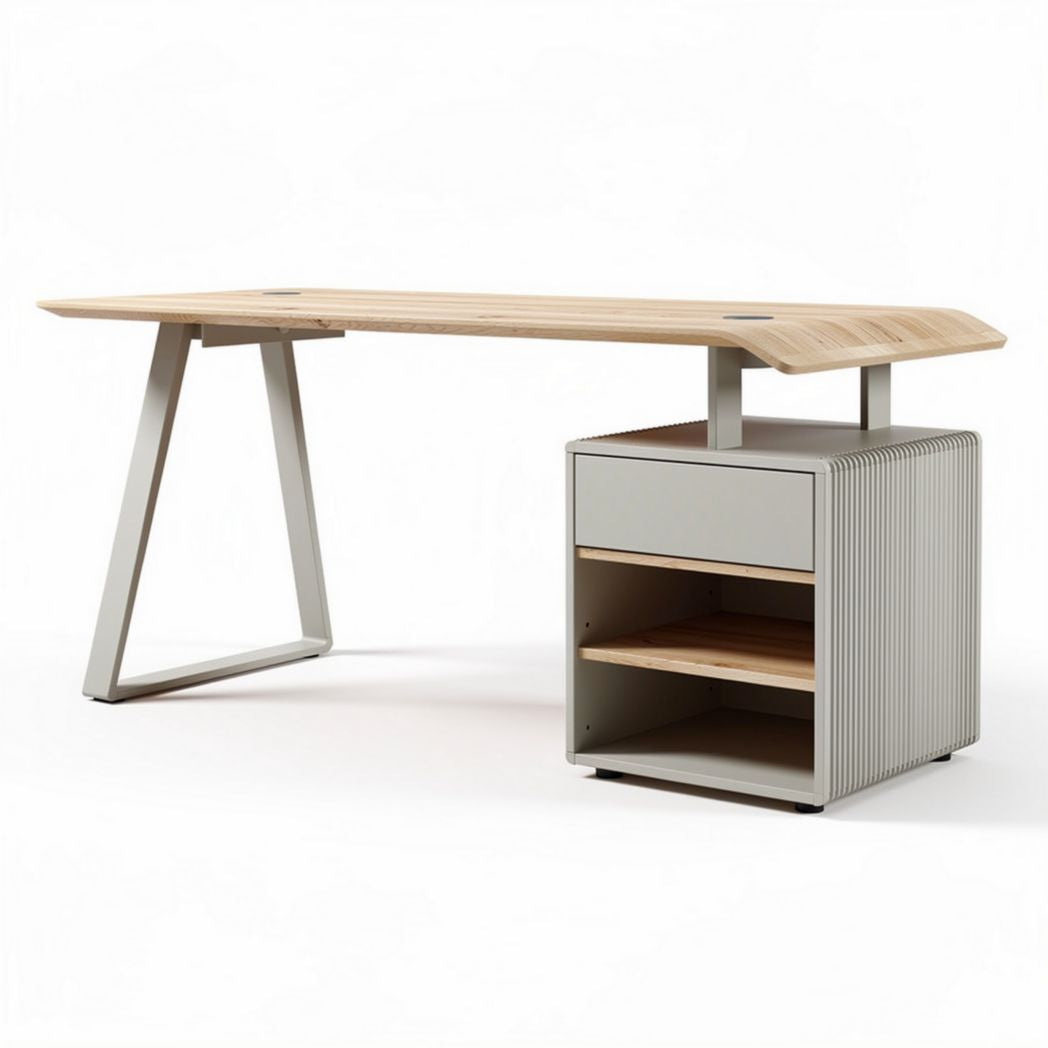 Wooden computer desk with storage cabinet in light oak finish 150 x 70 x 75cm